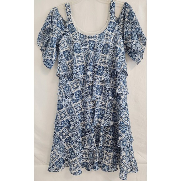 Signature by Robbie Bee Tiered White Blue Cold Shoulder Sheath Dress Women's 8 - Picture 1 of 7